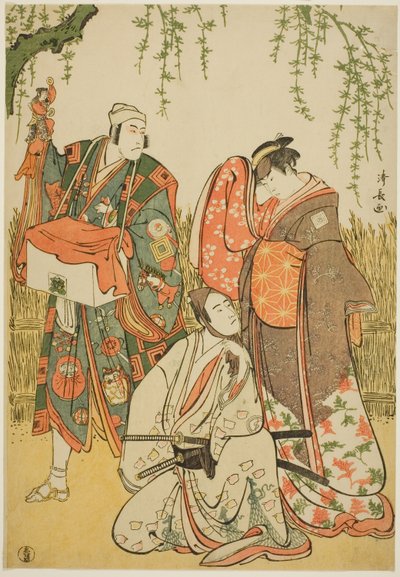 Skuespillerne Ichikawa Yaozo III som Shiragiku, Ichikawa Danjuro V som dukkeføreren Dekurokubei og Sawamura Sojuro III som Soga no Juro, i joruri "Shinobukoi Yanagi no Katsura Otoko," optrådte på Nakamura Theatre i den første måned, 1785 af Torii Kiyonaga