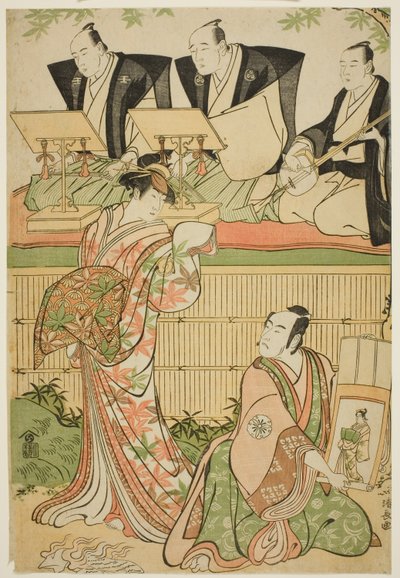 Skuespillerne Matsumoto Koshiro IV som Ukita Sakingo og Sawamura Sojuro III som kurtisanen Takaos spøgelse i stykket "Ominaeshi Sugata no Hatsuaki", opført på Nakamura Theatre, 1788 af Torii Kiyonaga