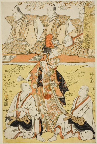 Skuespillerne Segawa Kikunojo III som Koito, Sawamura Sojuro III som munken Sainenbo og Ichikawa Monnosuke II som munken Renseibo, i shosaen "Mata Saku Hana Museume Dojoji", opført på Nakamura Theatre i den fjerde måned, 1783 af Torii Kiyonaga