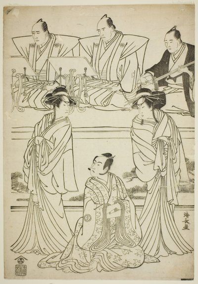 Skuespillerne Segawa Kikunojo III som spøgelse af Yatsuhashi, Sawamura Sojuro III som Soga no Juro, og Ichikawa Danjuro V som spøgelse af Seigen, i stykket "Sono Omokage Matsu ni Sakura," opført på Nakamura Theatre i den første måned, 1783 af Torii Kiyonaga