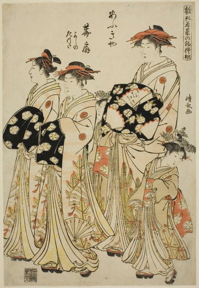 Courtesanen Hanaogi fra Ogiya med hendes ledsagere Yoshino og Tatsuta, fra serien "Modemodeller: Nye designs så friske som unge blade (Hinagata wakana no hatsu moyo)" af Torii Kiyonaga