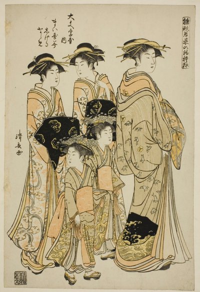 Kurtisanen Maizumi fra Daimonjiya med hendes ledsagere Shigeki og Naname fra serien "Modemodeller: nye designs så friske som unge blade (Hinagata wakana no hatsu moyo)" af Torii Kiyonaga