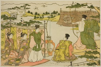 Den første bueskydning i det nye år (Yumi hajime), fra den illustrerede bog "Colors of the Triple Dawn (Saishiki mitsu no asa)" af Torii Kiyonaga