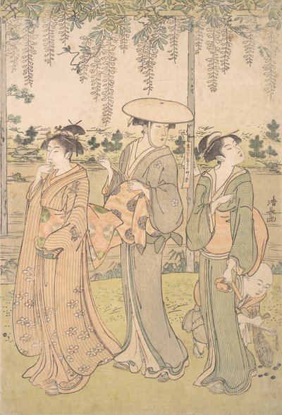 Tre kvinder og en lille dreng under en Wisteria arbor på bredden af en å, ca. 1790. af Torii Kiyonaga