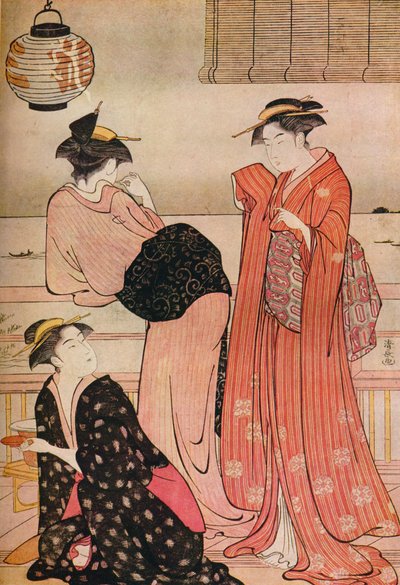 Tre piger på verandaen i et tehus med udsigt over Edo Bay ved Shinagawa, c1752-1815 af Torii Kiyonaga