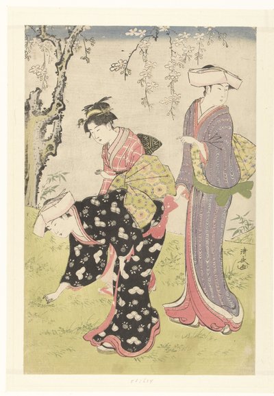 To kvinder og en pige under et blomstrende kirsebærtræ Brokader med skikke og skikke i Østen (serietitel) Fuzoku Azuma no Nishiki (serietitel) af Torii Kiyonaga