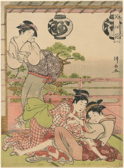 To geisha, der kæmper for et brev (Fumi no arasoi), fra serien "Flowers of Nakasu (Nakasu no hana)" af Torii Kiyonaga
