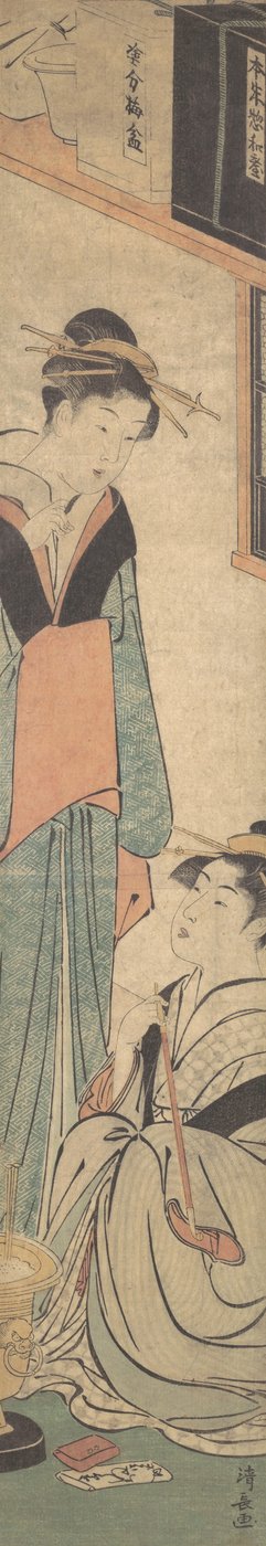 To piger taler i nærheden af Hibachi Fire-Pot, ca. 1785. af Torii Kiyonaga