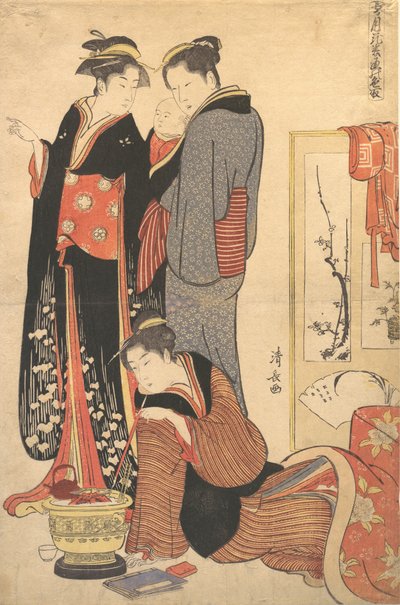 To kvinder står og holder et barn, ca. 1785. af Torii Kiyonaga