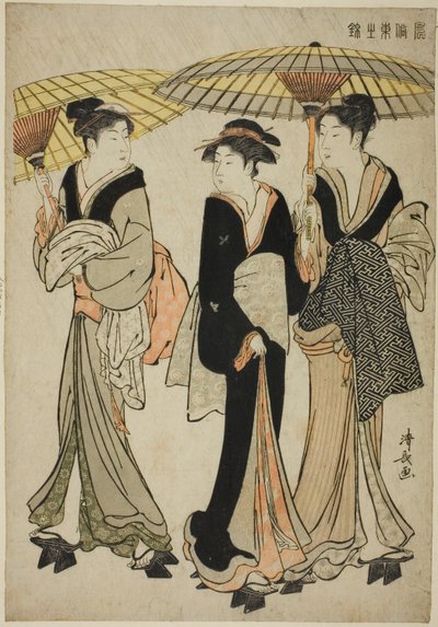 Under Paraplyer i et brusebad, fra serien "A Brocade of Eastern Manners (Fuzoku Azuma no nishiki)" af Torii Kiyonaga