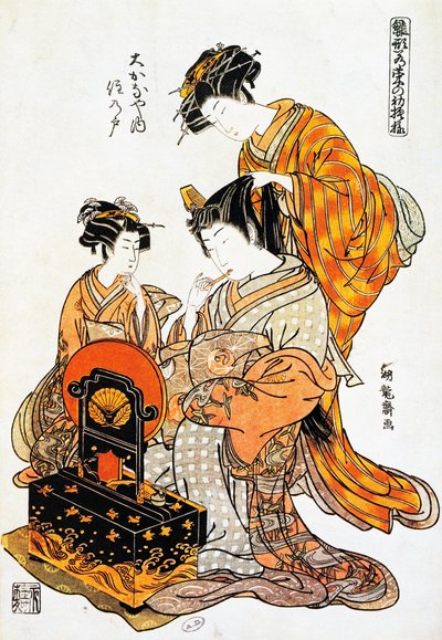Kvinde foran spejlet, mens hun får kæmmet hår, ukiyo-e kunsttryk af Torii Kiyonaga (1751-1815), træsnit, japansk civilisation, Edo-periode af Torii Kiyonaga