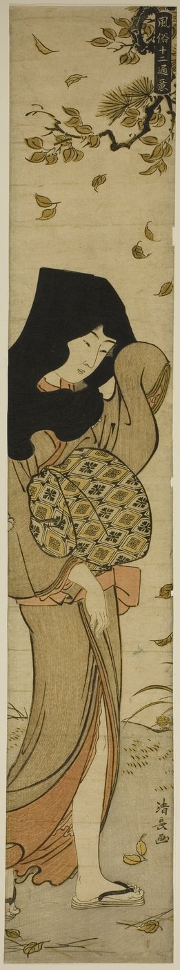 Kvinde med sort hætte i vindblæste blade, fra serien "Twelve Scenes of Popular Customs (Fuzoku juni tsui)" af Torii Kiyonaga