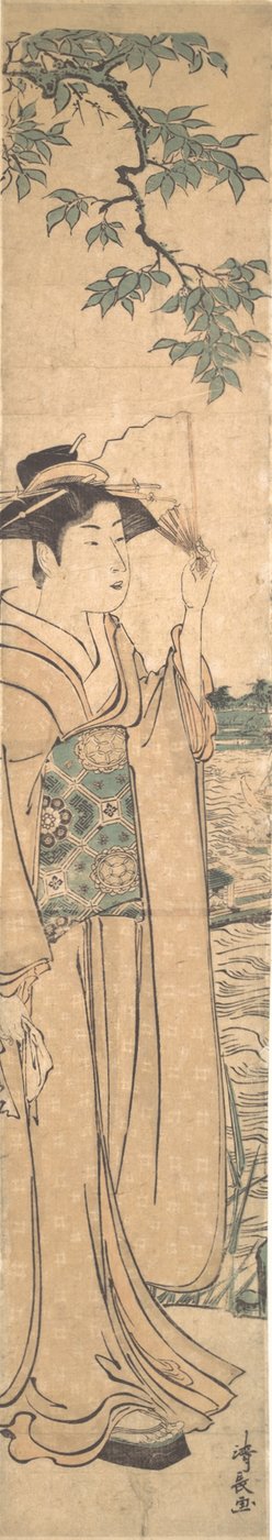 Kvinde med vifte på bredden af Sumida-floden. af Torii Kiyonaga
