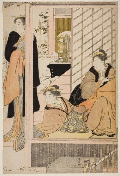 Kvinder ser en snedækket have fra en stue af Torii Kiyonaga