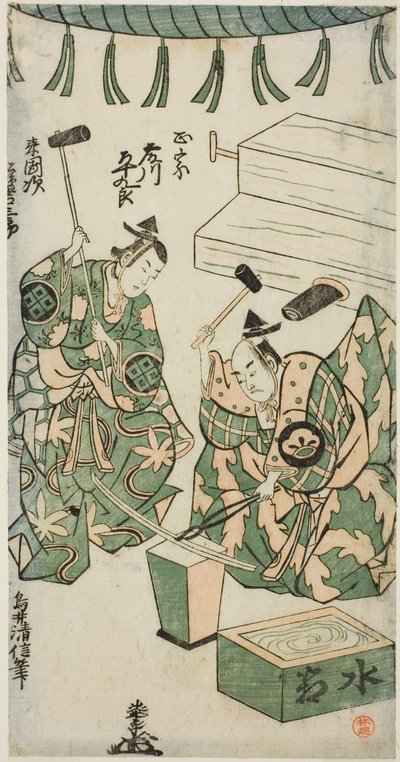Skuespillerne Fujikawa Heikuro som Masamune og Matsushima Kichisaburo som Rai Kunitsugu i stykket "Shin Usuyuki Monogatari", opført på Nakamura Theatre i den sjette måned, 1746 af Torii Kiyonobu II