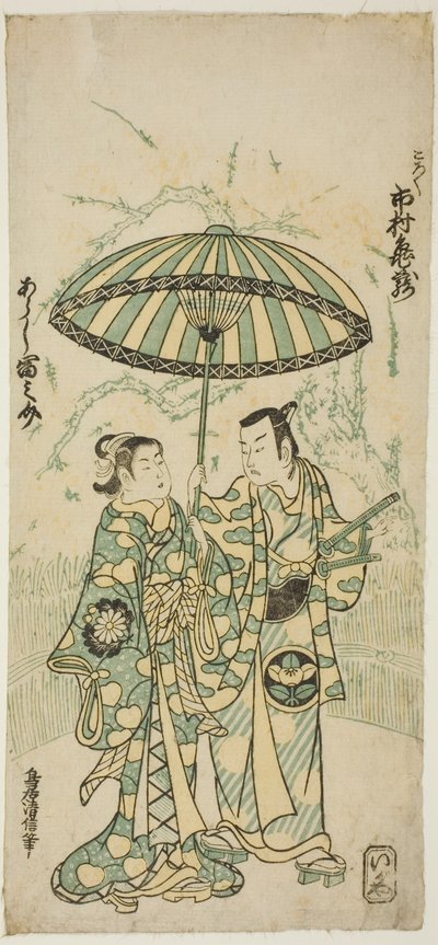 Skuespillerne Ichimura Kamezo I som Kanto Koroku og Arashi Tominosuke I som Hayasaki i stykket "Hokazo Yunzei Hachinoki", opført på Ichimura Theatre i den ellevte måned, 1748 af Torii Kiyonobu II