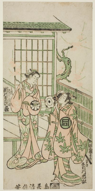 Skuespillerne Sanogawa Ichimatsu I som Minamoto no Yorimasa og Segawa Kikujiro I som Nobutsuras kone Karumo i stykket "Shusse Momijigari", opført på Ichimura-teatret i den ellevte måned, 1747. af Torii Kiyonobu II