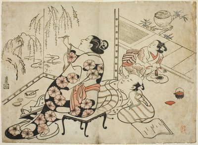 Courtesan Painting a Screen, fra en serie på 12 erotiske print af Torii Kiyonobu I