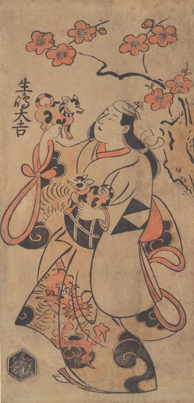 Skuespilleren Ikushima Daikichi som en kvinde, der står under et Ume-træ, ca. 1705. af Torii Kiyonobu I