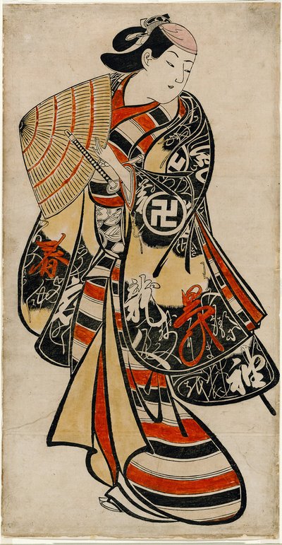 Skuespilleren Takii Hannosuke som feminin ung mand, ca. 1707 (håndkoloreret træsnit; tan-e, lodret o-oban) af Torii Kiyonobu I