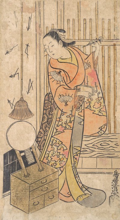 Skuespiller som kvinde, der står ved et spejlstativ, ca. 1735. af Torii Kiyotada