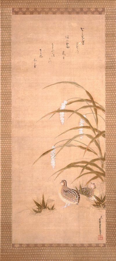 Quail And Hirse (blæk og farve på silke) af Tosa Mitsunari