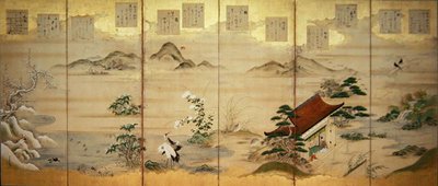 Skærm med seks paneler med fugle og blomster fra de tolv måneder (blæk, farve og bladguld på papir) af Tosa Mitsunari
