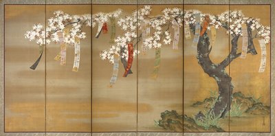 Blomstrende kirsebær og efterårsahorn med digtslip, 1654-81 af Tosa Mitsuoki