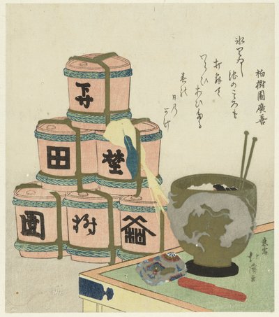 Brazier og Piled Up Sake Barrels af Totoya Hokkei