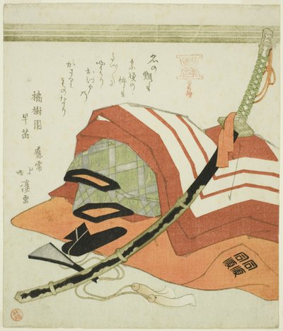 Ichikawa Danjuros kostume til Shibaraku, fra serien "Ichikawa-familiens skuespilfærdigheder, et sæt på tre (Mimasuke no gei, sanban tsuzuki)" af Totoya Hokkei
