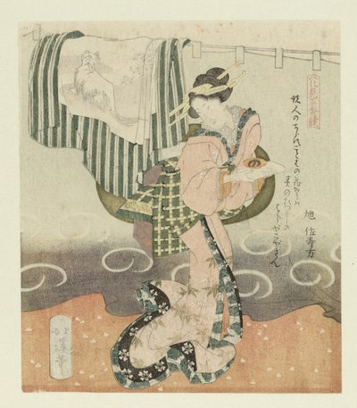 Kvinde med sake kop Pentatykon om at beundre blomster (serietitel) Hanami gobantsuzuki (serietitel på objekt) af Totoya Hokkei