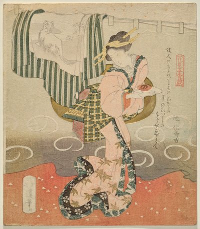 Kvinde med en sakekop foran et gardin og draperet kimono fra Five Sheets for Flower Viewing af Totoya Hokkei