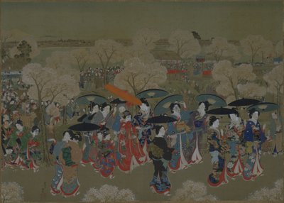 Skønheder, der betragter kirsebærblomster ved Sumida-floden af Toyohara Kunichika