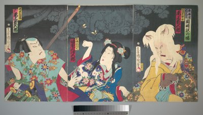 Onoe Kikugorō V als Otowake Neko no ke (Rechts), Bandō Mitsugorō IV als Aishō Michinoku (Mitte), Onoe Kikugorō V als Isogai Mibunosuke (Links) im Kabuki-Stück Tōkai Kidan Nekomata Yashiki af Toyohara Kunichika