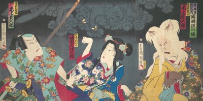 Onoe Kikukoro V som Otowa Family Neko no Ie, Band Mitsukoro I V som Love Book Mutsusen. . . , 1870. af Toyohara Kunichika
