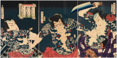 Kabuki-skuespillerne (fra højre mod venstre) Ichimura Kakitsu IV som Asahina Tobei, Nakamura Shikan IV som Washi no Chokichi og Sawamura Tosshi II som Yume no Ichirobei, IV/1868 af Toyohara Kunichika