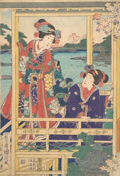 To skønheder i Spring Garden med en dam, ca. 2. måned, 1864. af Toyohara Kunichika