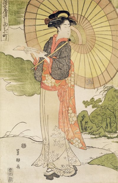 Stående kvinde med parasol (farvet træbloktryk) af Toyokuni II