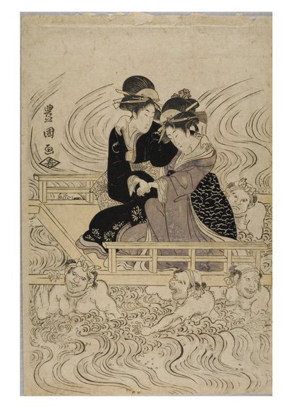 Et parti af kurtisaner, der gennemser en bølgeramt flod af Toyokuni Utagawa