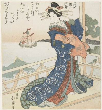 Kurtisane ser på et fremmed skib, 1818-1844 af Toyota Hokkei