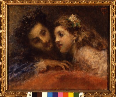 Attrazione (Attraktion), en mand læner sig mod et barn på en medskyldig og beroligende måde. Han er formentlig en far og hans datter (mund til mund). Maleri af Tranquillo Cremona (1837-1878) Galleria d