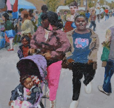Familieindkøb (Deptford, London), 2018 (olie på plade) af Trevor Burgess