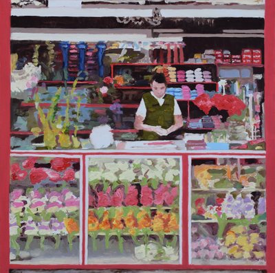 Blomsterbod (Bogotá, Colombia), 2016 (olie på plade) af Trevor Burgess