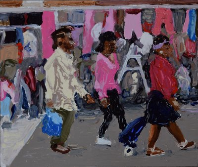 Market shoppers (Deptford, London), 2018 (olie på plade) af Trevor Burgess