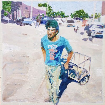 Trolley man (San Juan, Argentina), 2014 (olie på plade) af Trevor Burgess