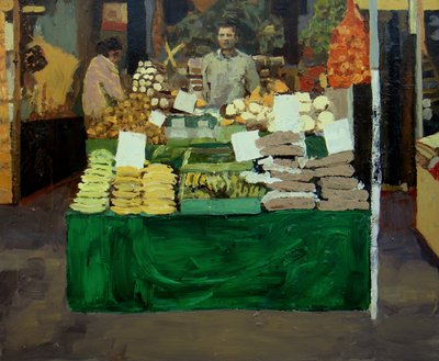 Grøntsagsbod (Deptford, London), 2009 (olie på plade) af Trevor Burgess