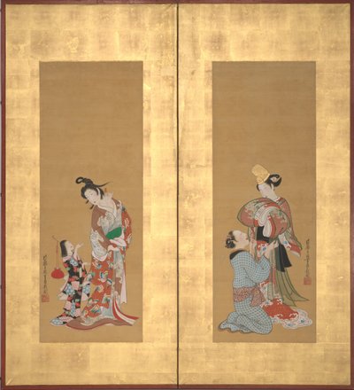 Shirabyoshi-danser og kvindelig tjener, kurtisane og pigebetjent, midten af 1700-tallet. af Tsukioka Masanobu
