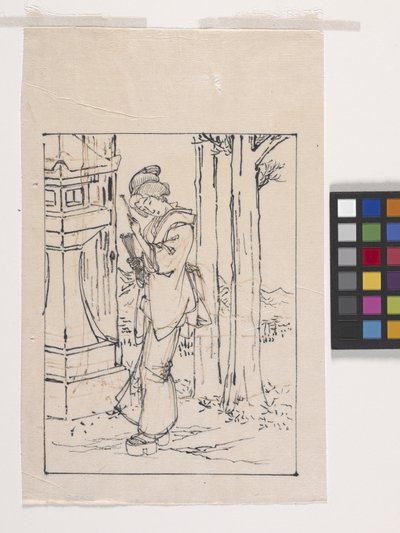 Tegning af en ung kvinde, der står ved en stenlanterne (blæk på papir) af Tsukioka Yoshitoshi