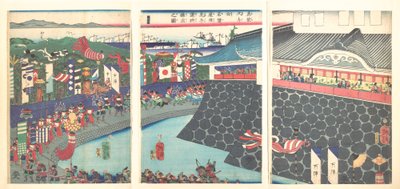 Hideyoshi og hans tropper forlader Nagoya-lejren (Mashiba Hideyoshi kō nagoya jin saki te no shoshō kuridashi no zu) af Tsukioka Yoshitoshi