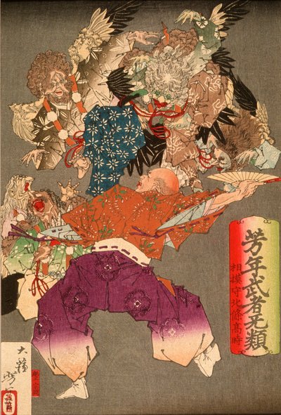 Hōjō Takatoki, herre af Sagami, der afværger tengu med sin vifte af Tsukioka Yoshitoshi